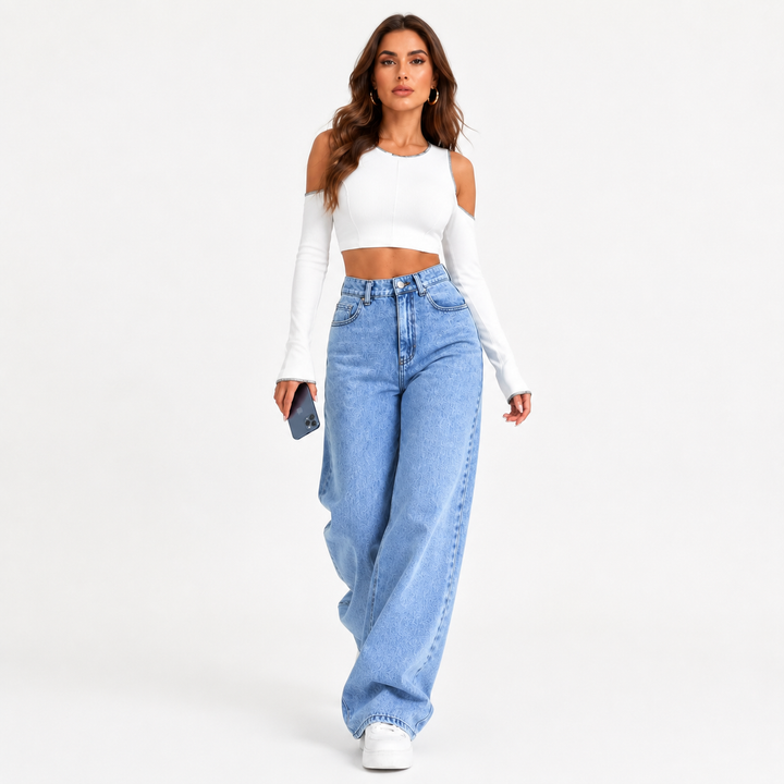 Cotton rich high waist jeans with wide leg silhouette and practical pockets for easy workday to weekend looks made simple now