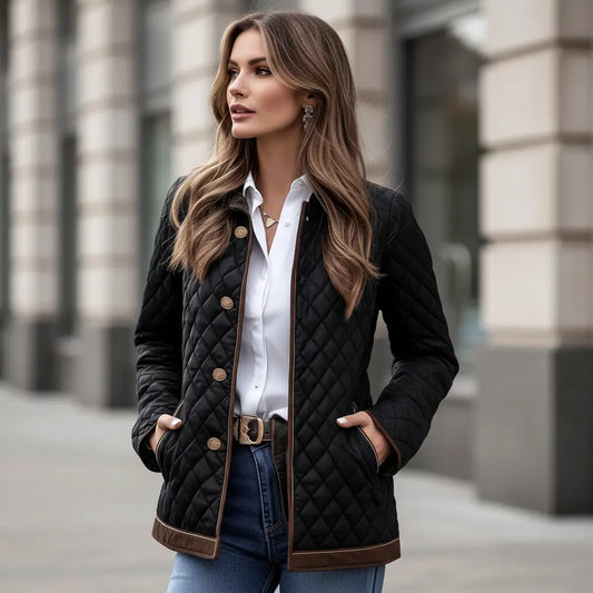 jacket for women black plaid slim-fit button front styled with white tee and straight jeans for commute outfit
