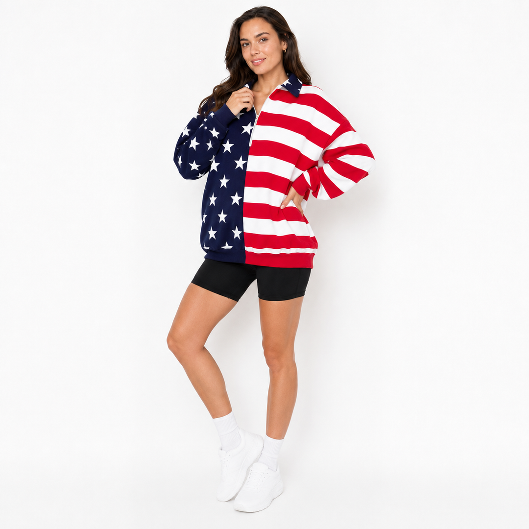 Relaxed women’s half zip sweatshirt with navy star panel, red stripes, and soft everyday structure.