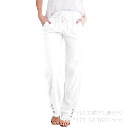 Women’s Cotton Linen Wide-Leg Trousers–Drawstring Pants