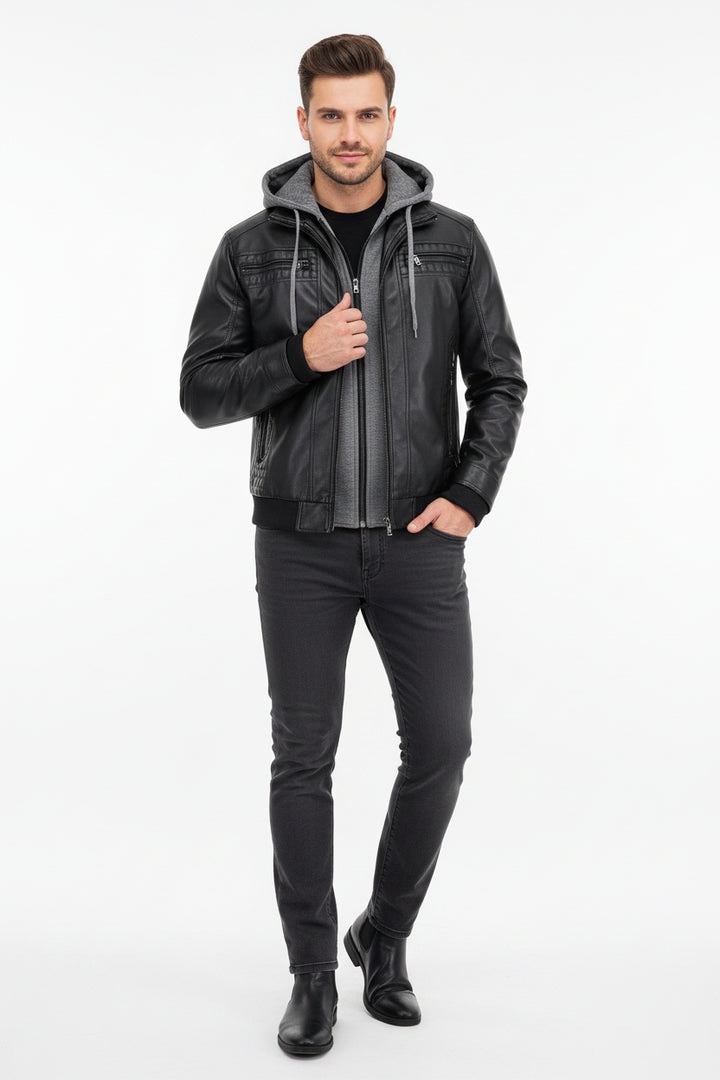 mens hooded leather jacket zipper pocket detail modern streetwear look
