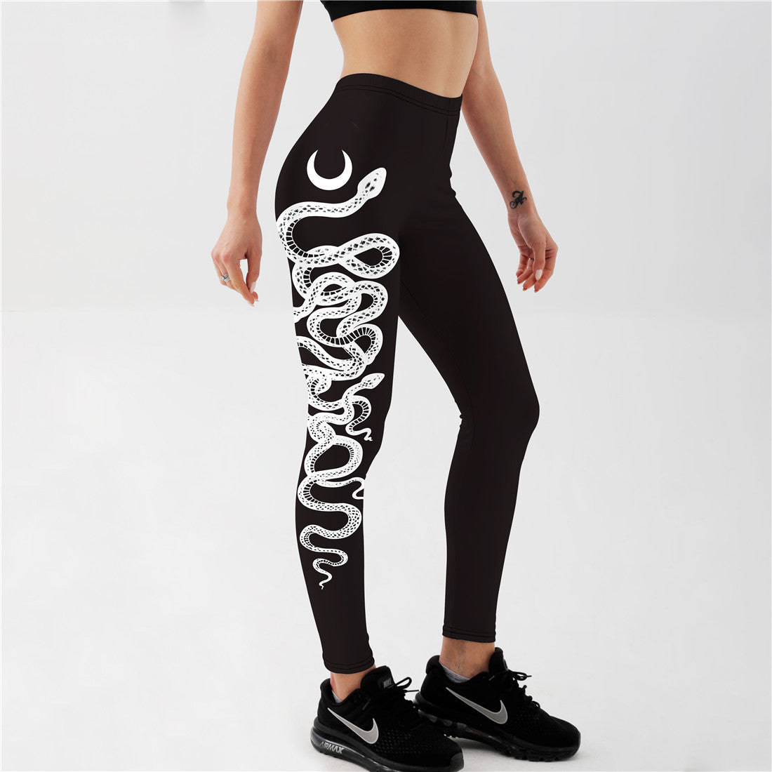"Mystical moon snake yoga leggings, high rise black athletic pants with side print for running, dance and yoga practice"
