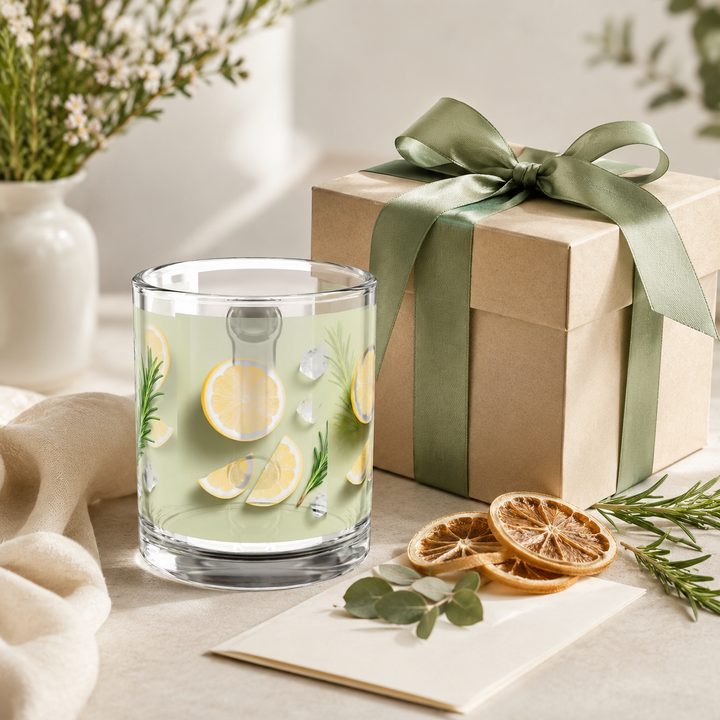 Transparent glass mug styled with fresh lemon drink, ice cubes, and clean kitchen setting