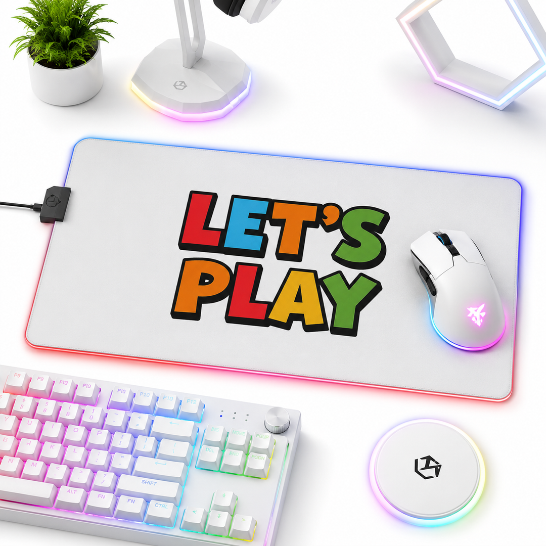 LED gaming mouse pad with glowing RGB edge lighting, smooth polyester surface and non-slip rubber base for stable desk setup.
