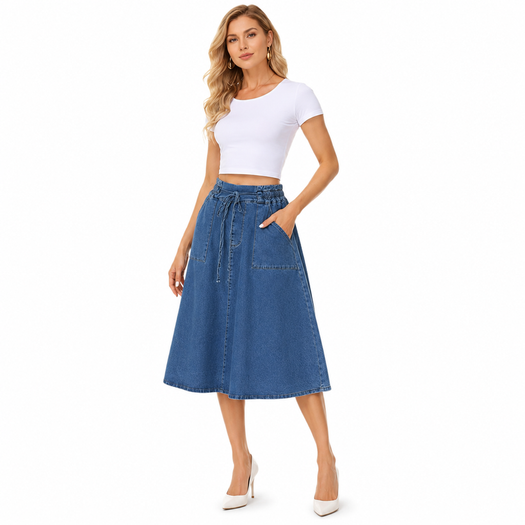 High Waist Denim Skirt with Belt Casual Blue Denim Wear