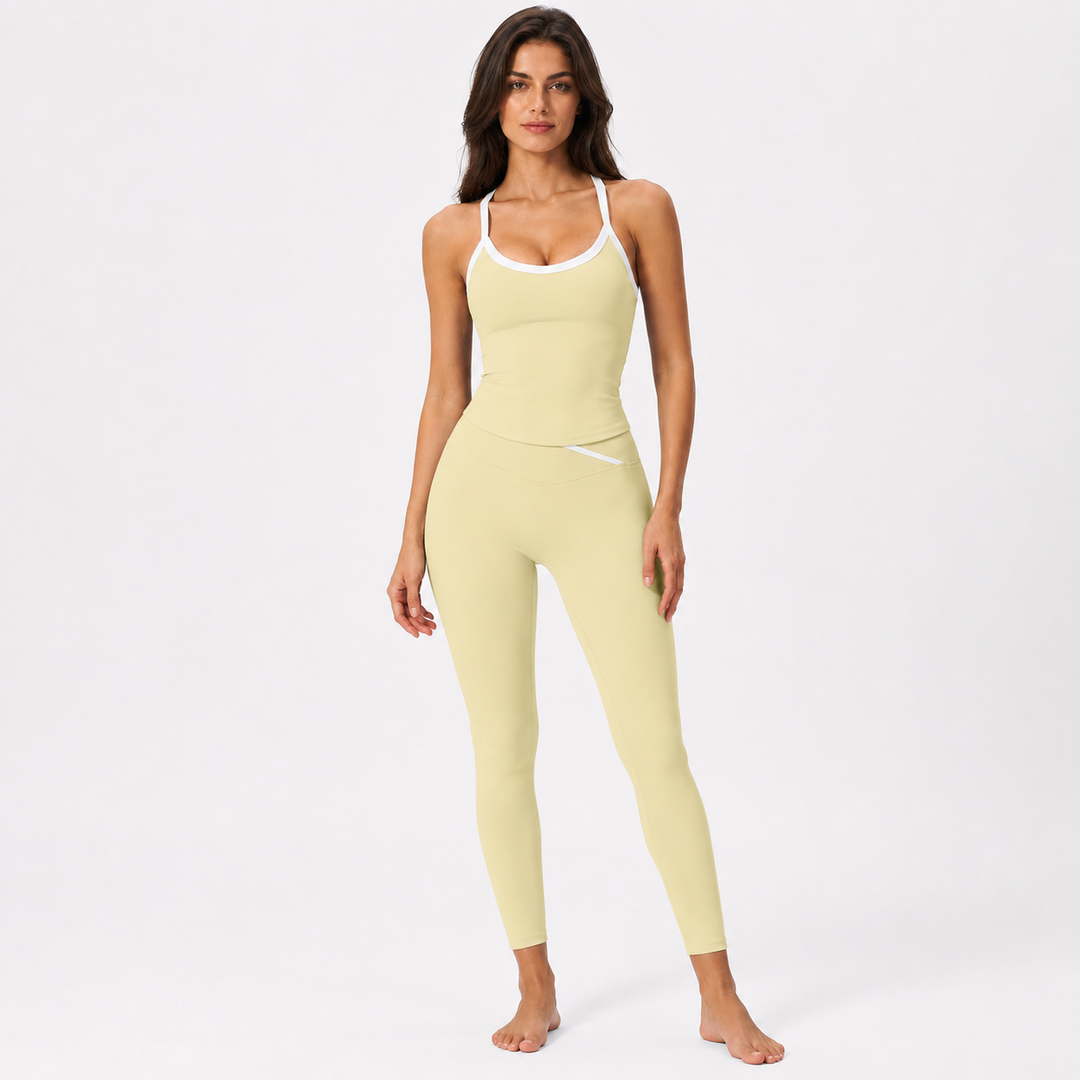 Womens fitness tank top with 78 percent nylon and 22 percent spandex fabric for soft stretch and close active fit