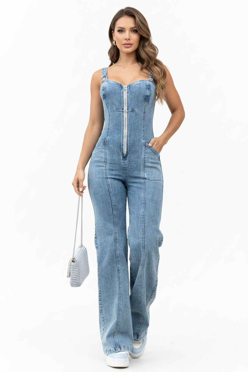Sleeveless Denim Zipper Jumpsuit Elegant Fit Women Look