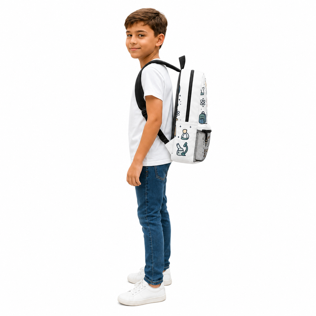 Lightweight school bag for kids with bold school print, padded shoulder straps, zipper closure and easy daily storage spaces.