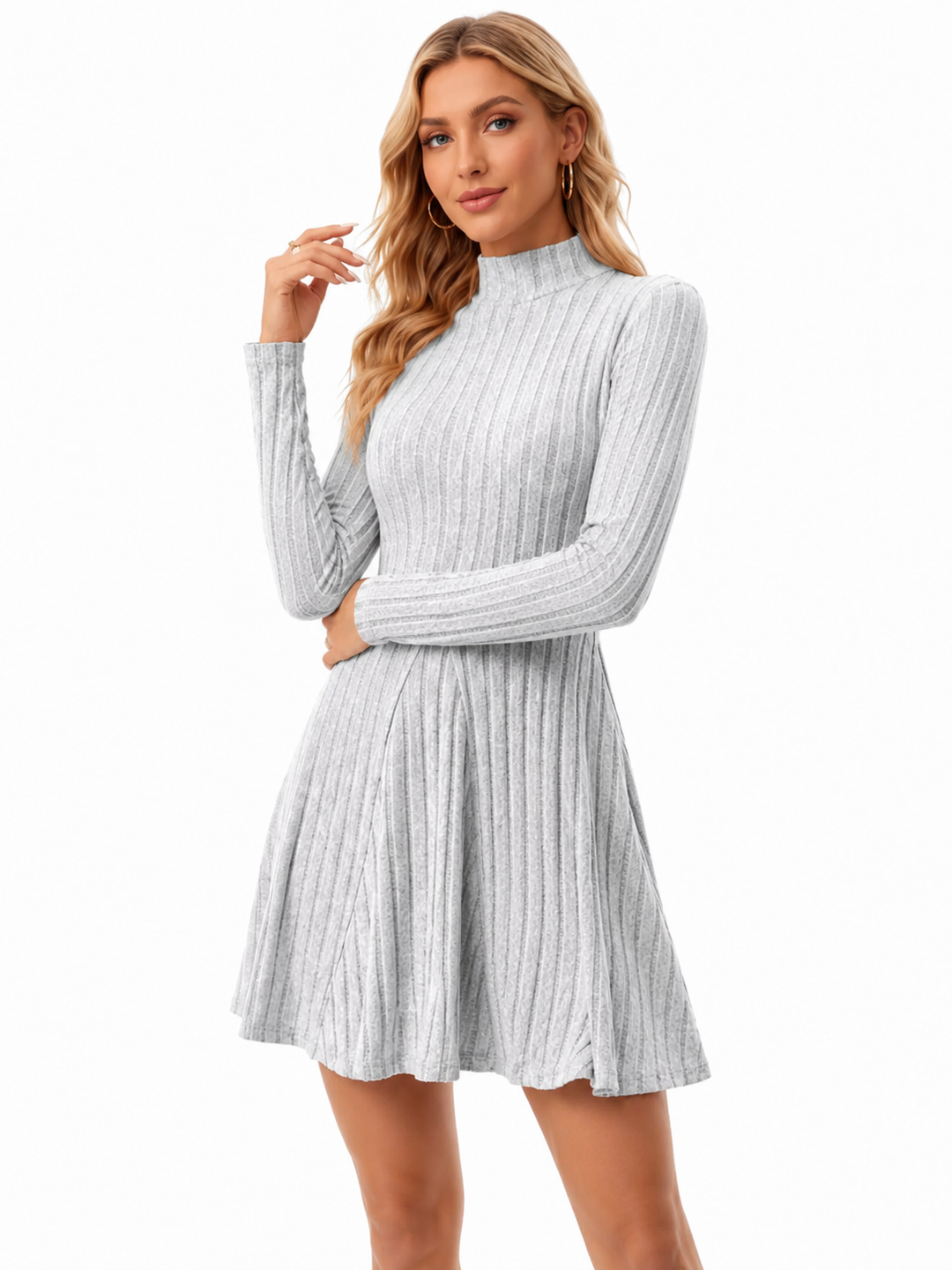 Rib knit mini dress with a mock neck and long sleeves, made from the slightly stretchy blend of 95% polyester and 5% spandex.

