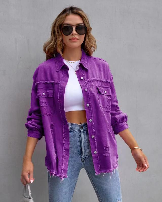 Fashion Ripped Shirt Jacket Women Loose Casual Autumn Coat