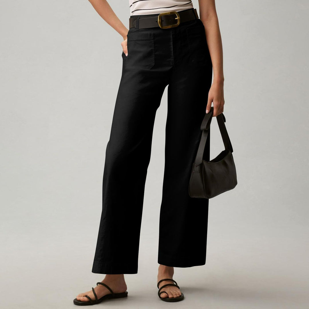 straight leg suit pants women side profile showing tailored waist structure
