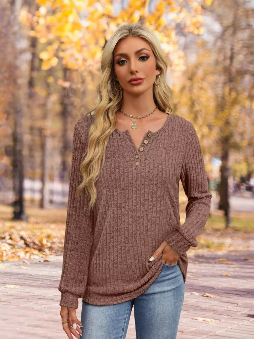 Women's Ribbed Knit Button-Front Long Sleeve T-Shirt