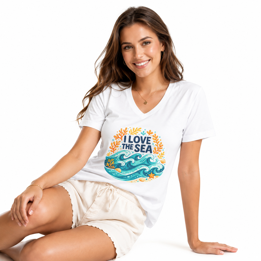 Ocean Love V-neck graphic tee with sea waves, coral details, and relaxed unisex fit
