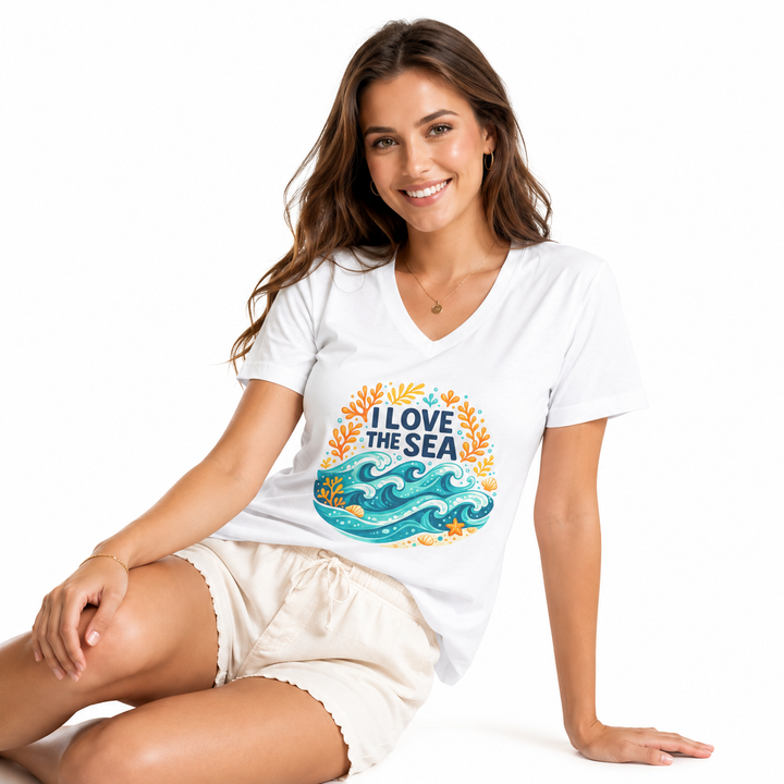 Ocean Love V-neck graphic tee with sea waves, coral details, and relaxed unisex fit