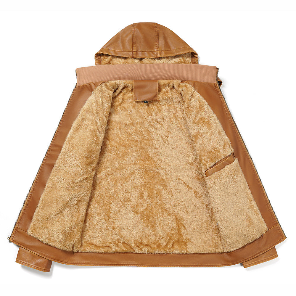 "PU leather jacket men fleece lined hood adjustment feature