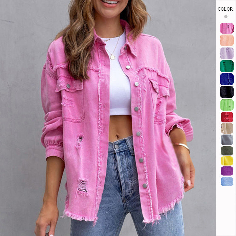 fashion ripped shirt jacket medium length relaxed silhouette women casual layering piece