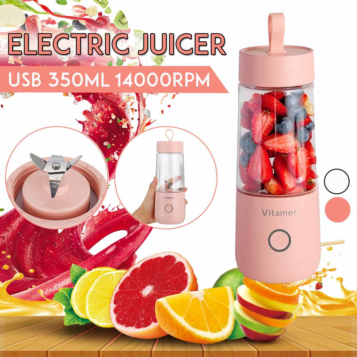 "portable blender juicer 350ml bottle pouring mango smoothie into glass during family picnic in sunny park lunch scene"