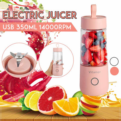 "portable blender juicer 350ml bottle pouring mango smoothie into glass during family picnic in sunny park lunch scene"