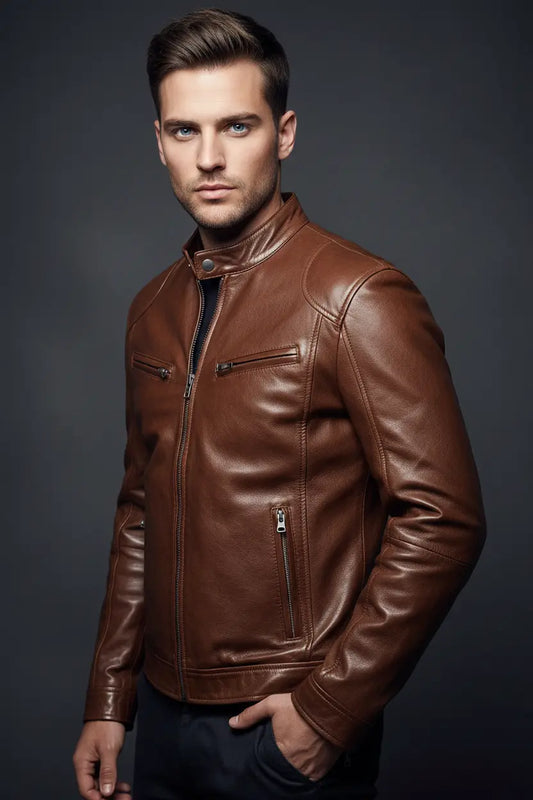 men's faux leather jacket coffee color zip front with stand collar and seam panels for an expensive-looking finish
