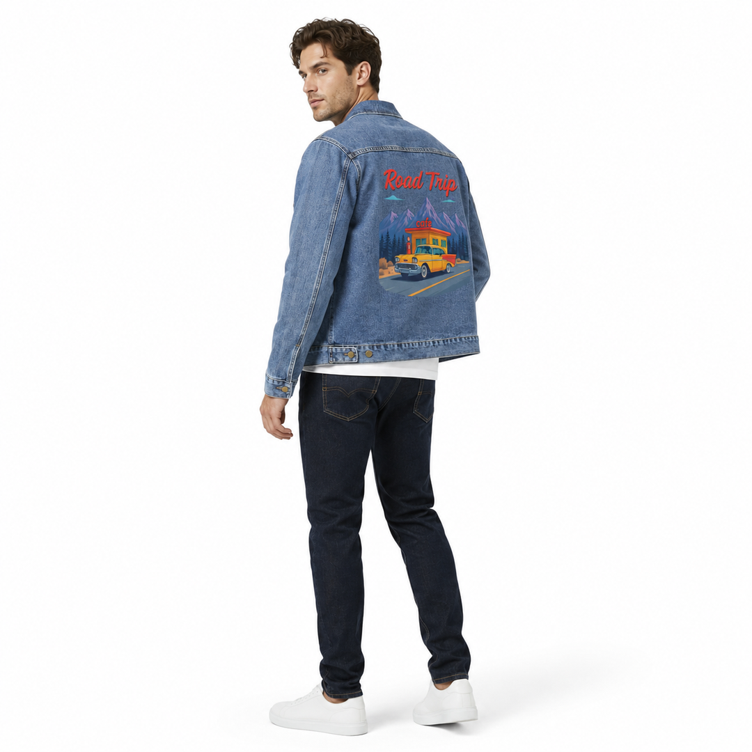 Blue jean jacket for men with chest pockets, brass buttons, and premium streetwear look