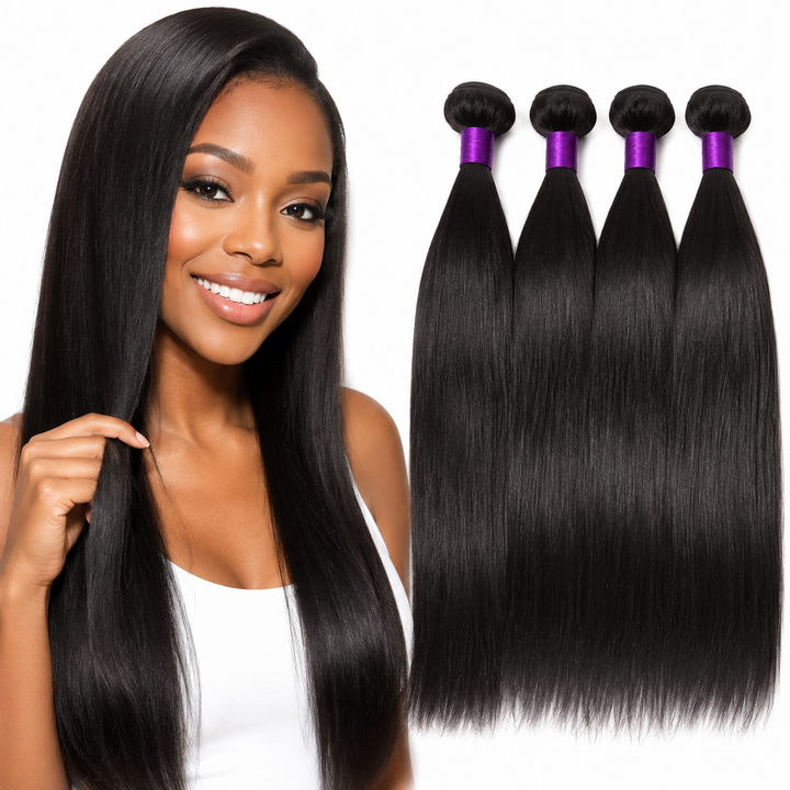 Brazilian straight hair bundle displayed in long sleek texture for fuller protective looks, wigs, sew ins and extensions look