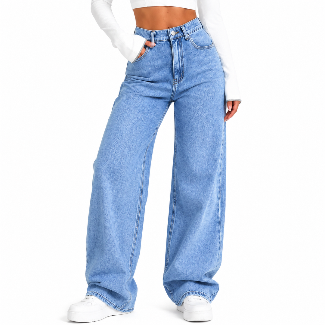 Structured womens denim jeans with wide leg shape, high waist design and pocketed detail for modern casual style outfit edit.