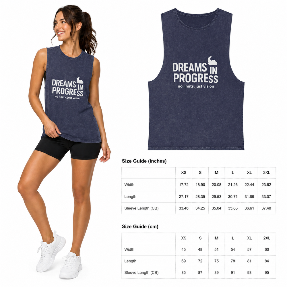 Unisex gym tank on male model with relaxed fit, black shorts, and white sneakers