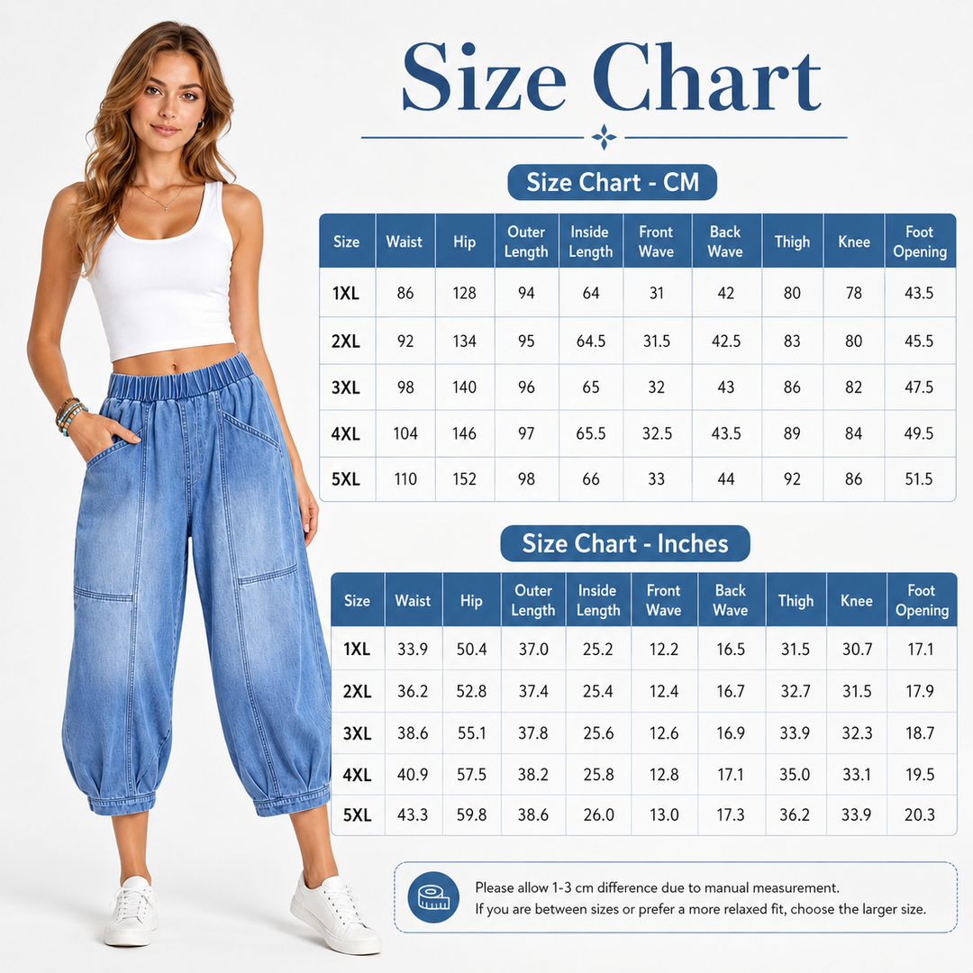 Blue denim capri pants size chart with waist, hip, length, thigh, knee, and leg opening measurements listed in cm and inches.