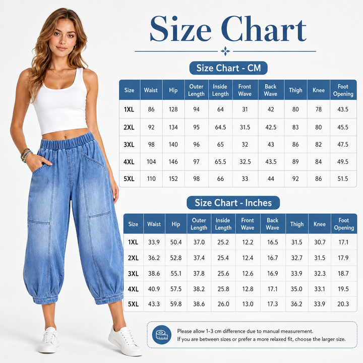 Blue denim capri pants size chart with waist, hip, length, thigh, knee, and leg opening measurements listed in cm and inches.