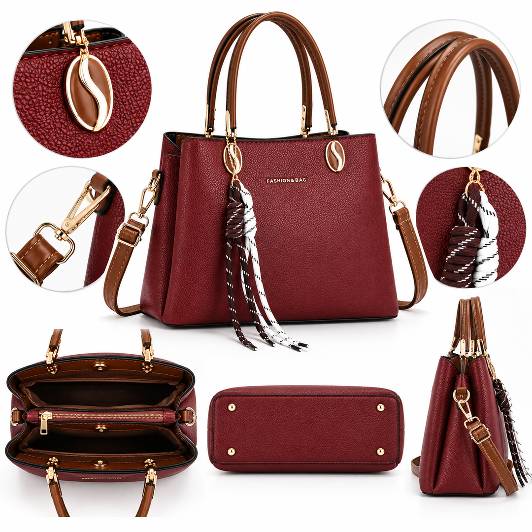Detailed views of burgundy handbag hardware and interior