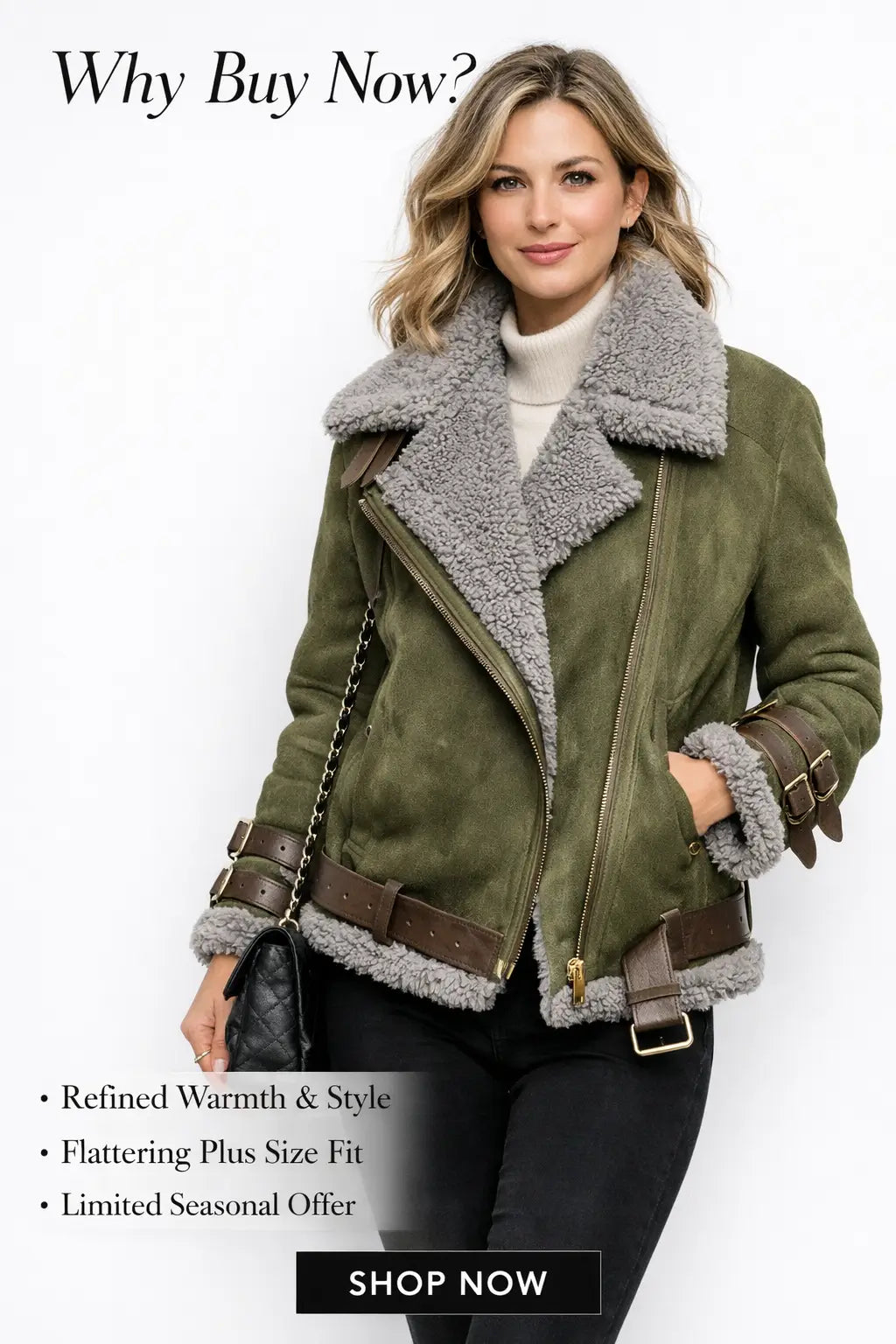 plus size women winter coat smooth fabric finish close detail daylight