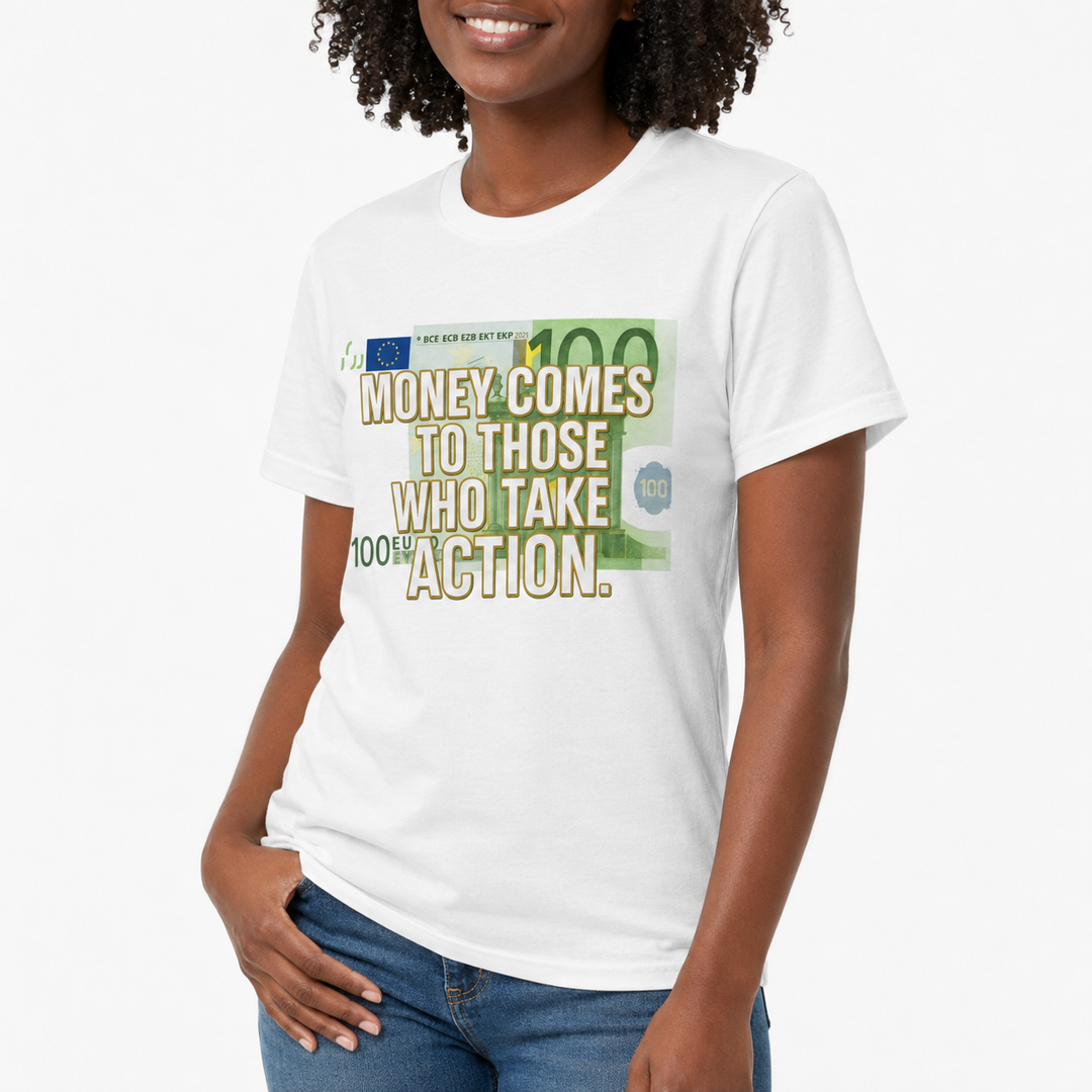 Front view of motivational quote t shirt in crisp white with bold black wording, classic crew neck, and a clean unisex shape.