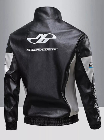 Big and tall motorcycle jacket side profile highlighting extended sleeve length up to 24 inches.