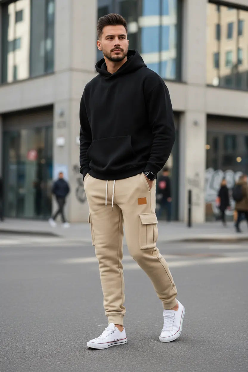 drawstring cargo joggers for men close-up of pocketed cargo pocket detail on smooth 100% polyester material
