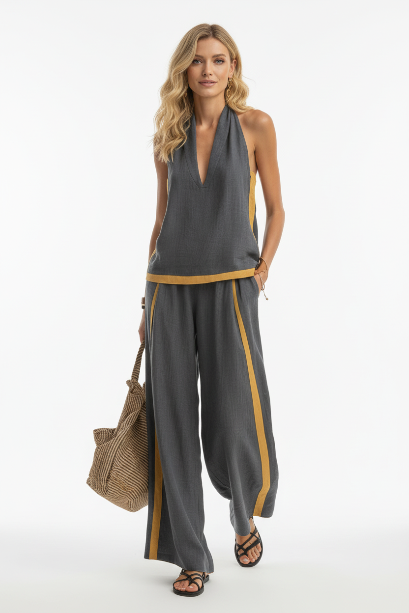 Gray wide leg pants 2 piece set, front view, model standing in minimalist studio
