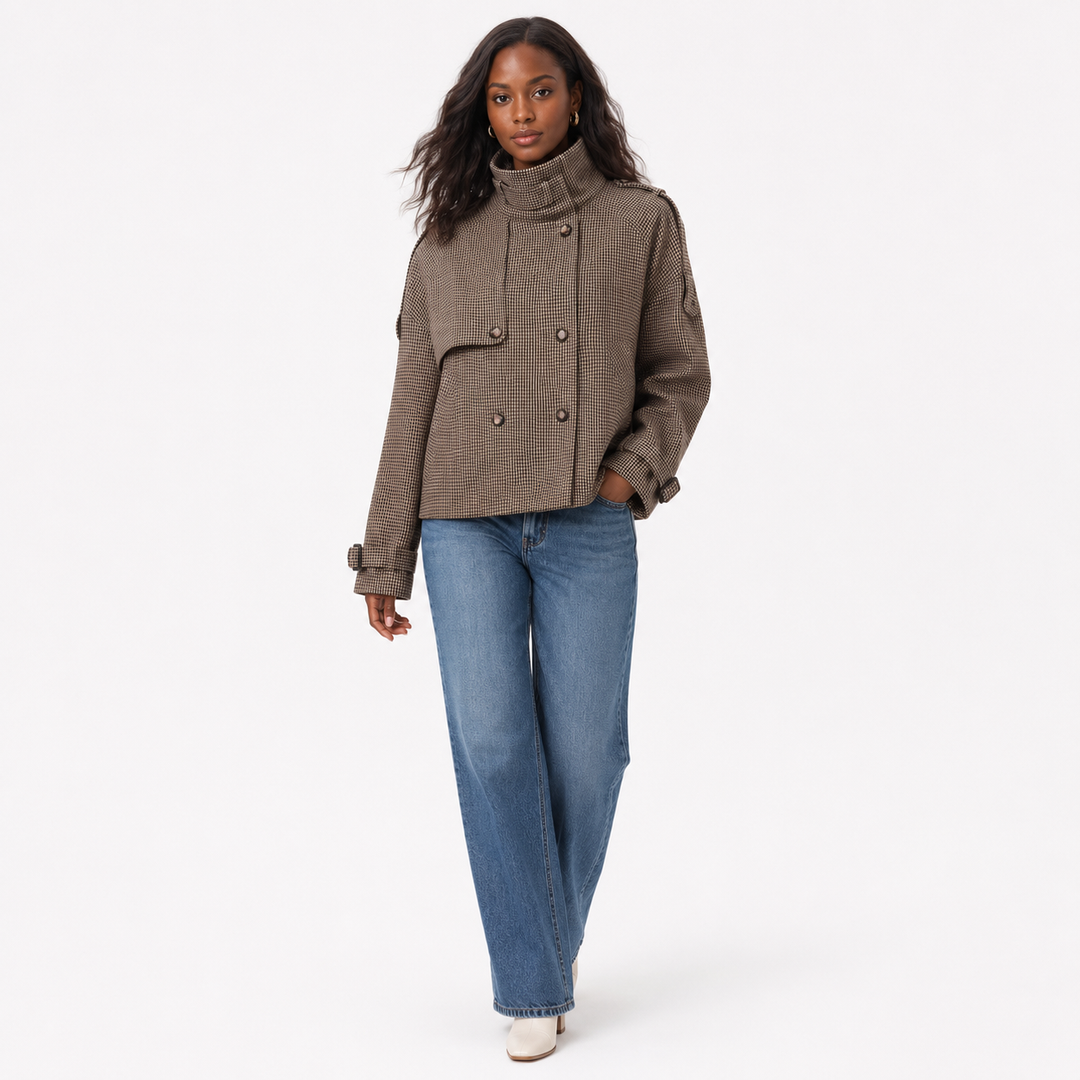 Medium-thickness houndstooth coat for women in dark brown polyester with a relaxed fit, regular sleeves, and buttons for work
