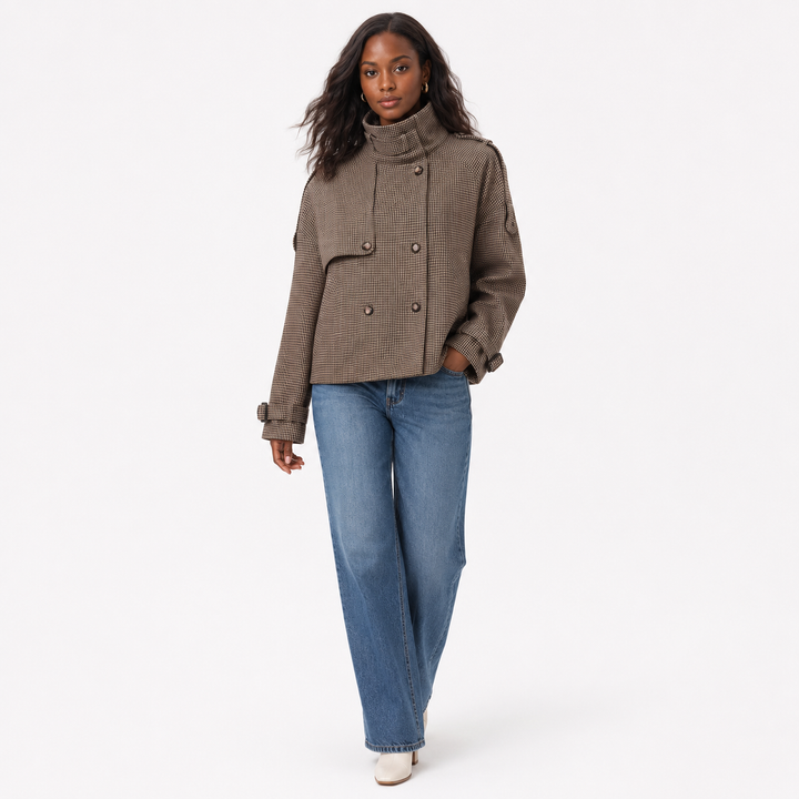 Medium-thickness houndstooth coat for women in dark brown polyester with a relaxed fit, regular sleeves, and buttons for work