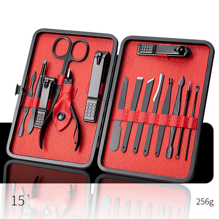 Organized grooming tool set with nail clippers and personal care accessories displayed inside the included case for selection