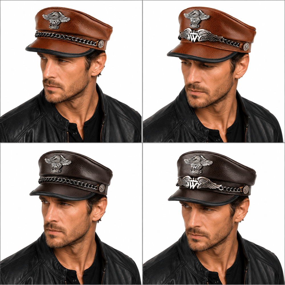 Adjustable leather biker cap for men with vintage eagle detail