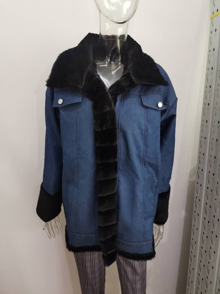 fur lined jean jacket long denim coat, size guide reference with bust measurements for S to 5XL winter fit