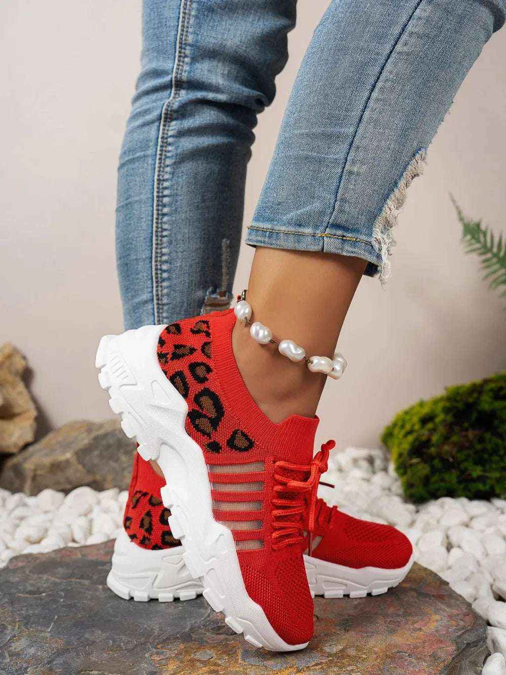 Leopard Cutout Mesh Lace-Up Sneakers - Stylish Flats