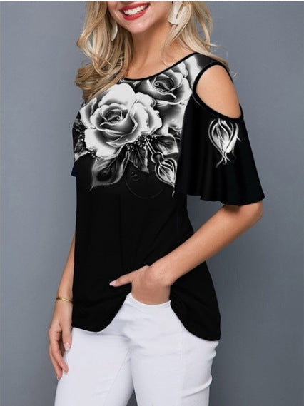 Printed short sleeve off shoulder top with digital print detail