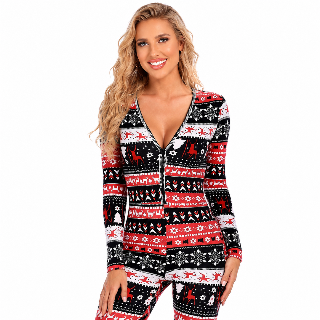 Festive black jumpsuit for women with slim fit pants, regular sleeves and painted Christmas print for casual looks and party.