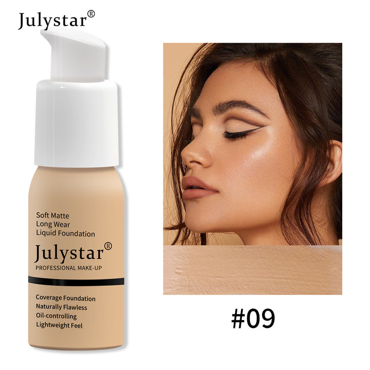 Julystar foundation bottle with a close-up of a woman&