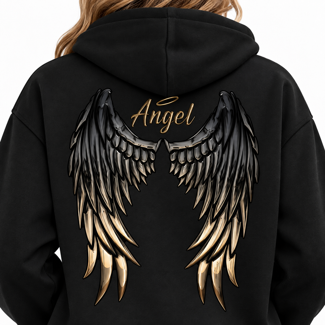 Close-up of Angel text and wing graphic across black hoodie back