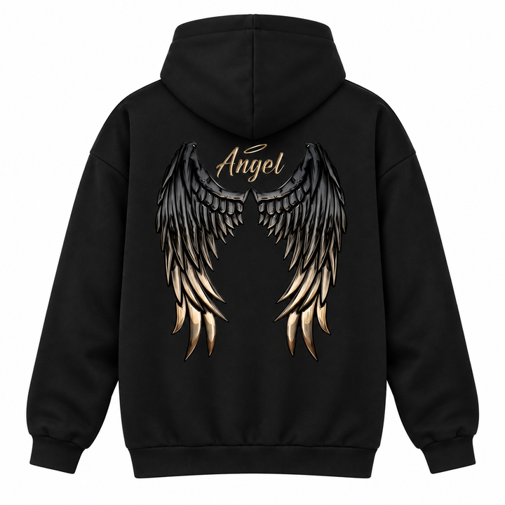 Black hoodie isolated back view with gold and black angel wing graphic