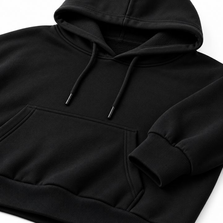 Black hoodie fabric and construction detail showing hood, cuff and pocket