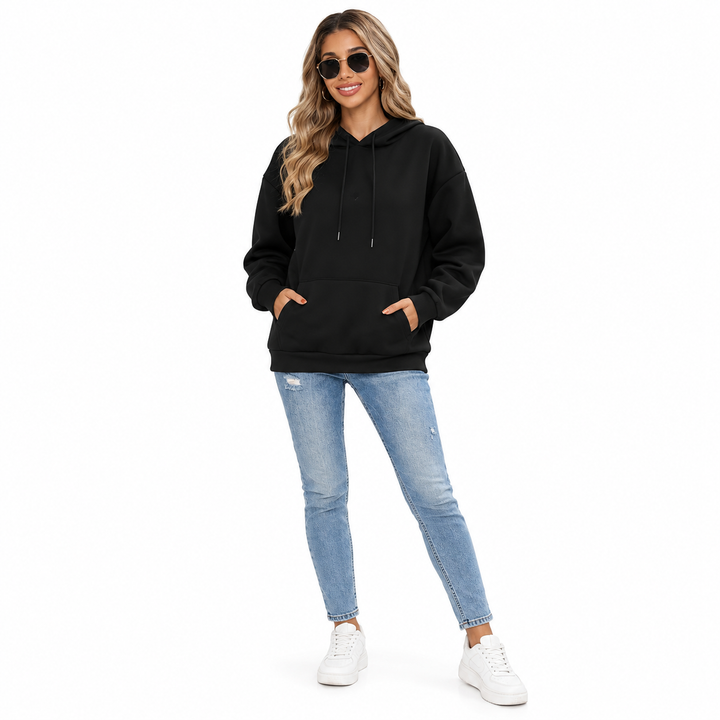 Angel wings hoodie in black on model, clean full front view