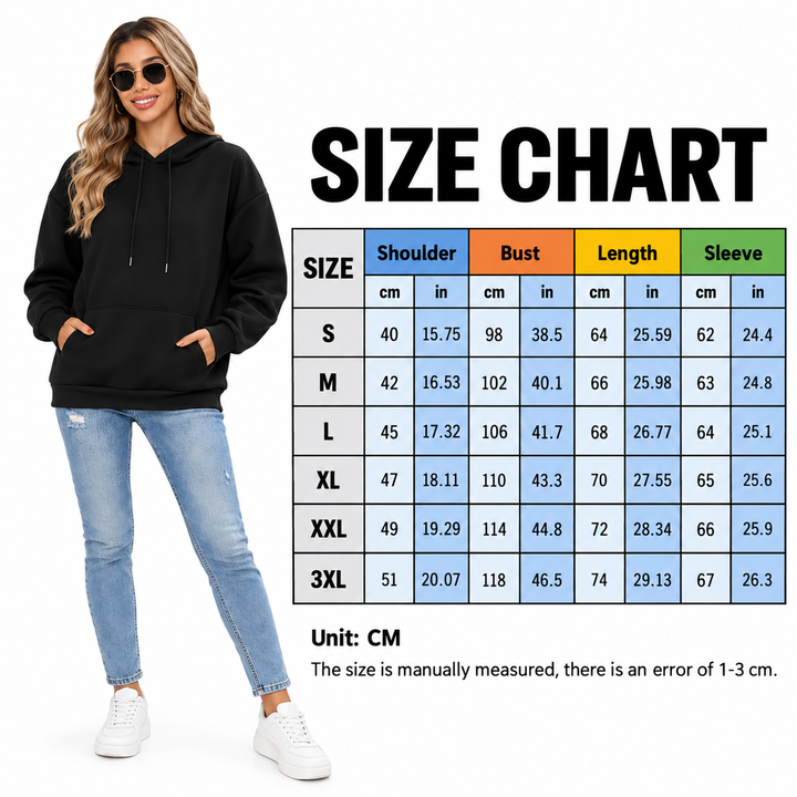 Angel wings hoodie size chart with shoulder, bust, length and sleeve measurements