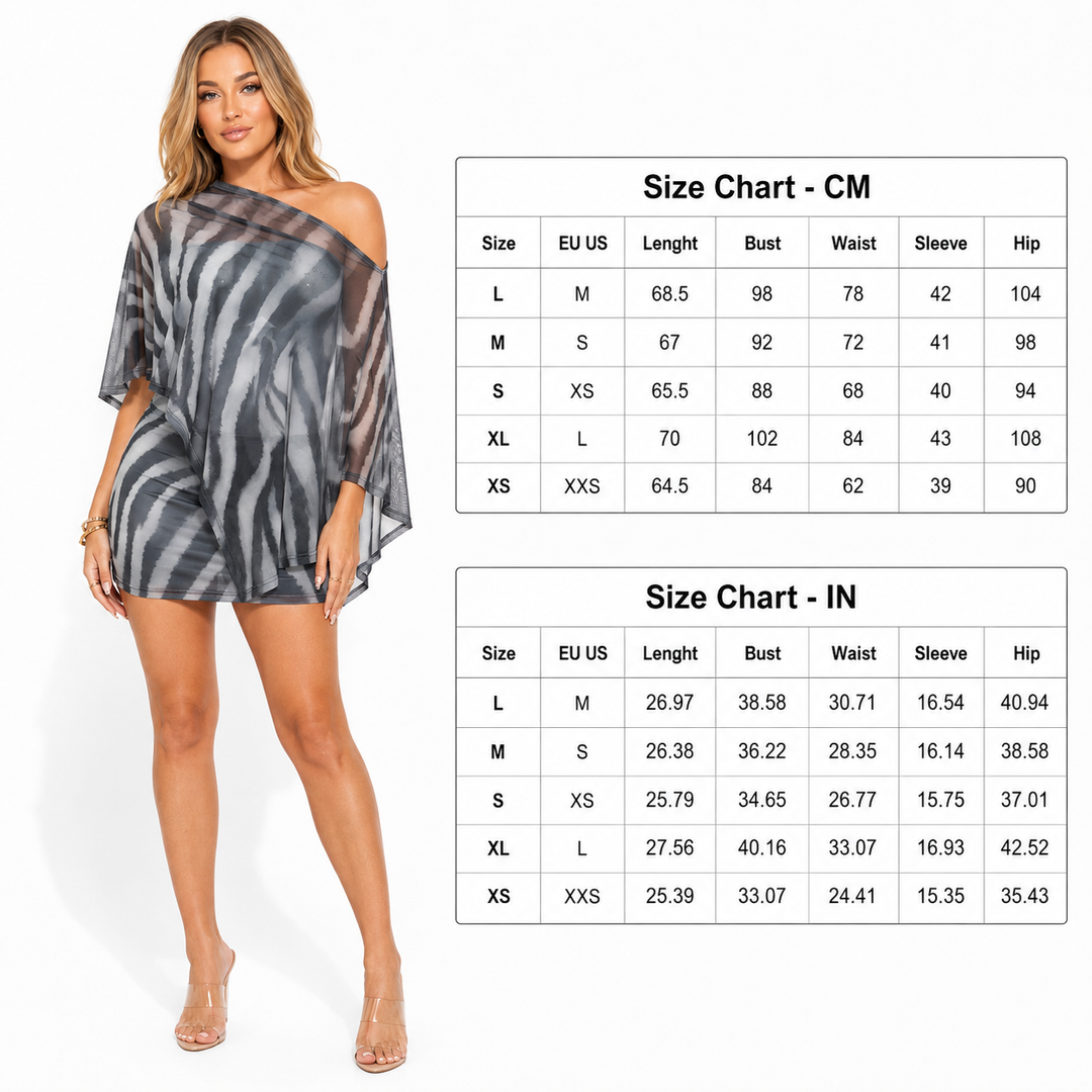 Gray animal print two piece set with professional model and size charts in centimeters and inches on a clean white layout.
